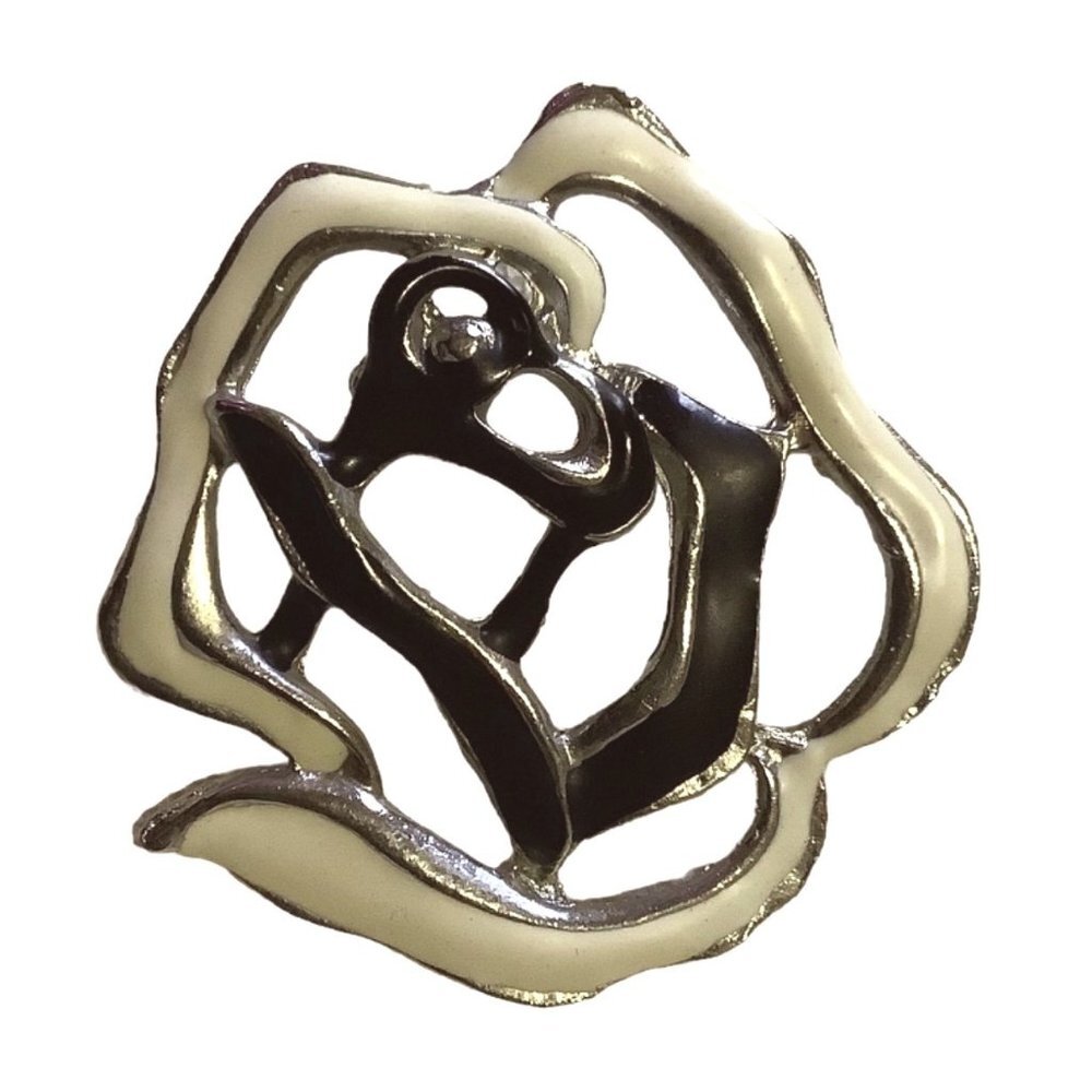 Vintage Three Tone Rose Brooch Silver Cream Black Flower Enamel 1.75"x1.625"